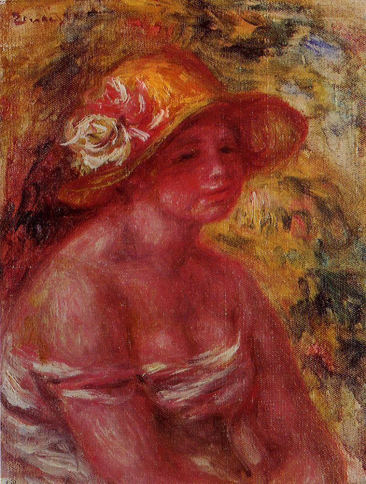 Bust of a Young Girl Wearing a Straw Hat - Pierre-Auguste Renoir painting on canvas